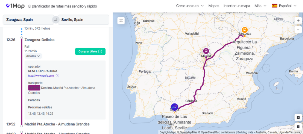 ruta Zaragoza Sevilla con 1Map
