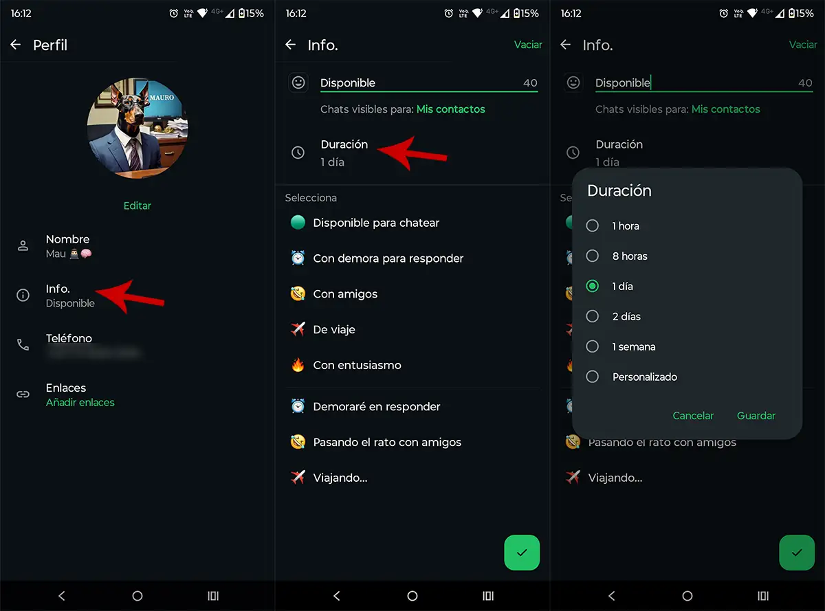 Elegir duración de estado perfil WhatsApp