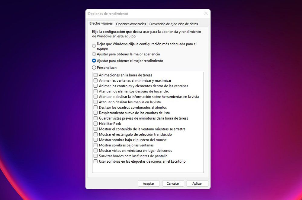 efectos visuales Windows