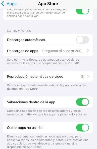 Captura de pantalla de los Ajustes de App Store en iOS