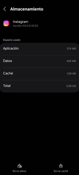 Pantalla de Ajustes de Almacenamiento de una aplicación en Android