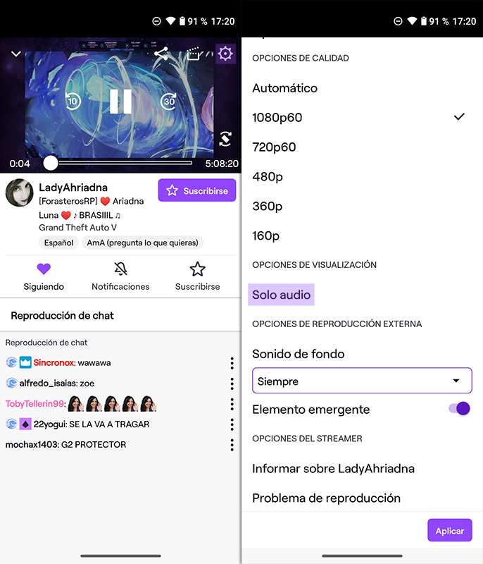 El modo Solo audio, nos permite escuchar el streaming en segundo plano