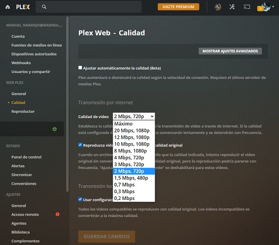 Calidad streaming en Plex