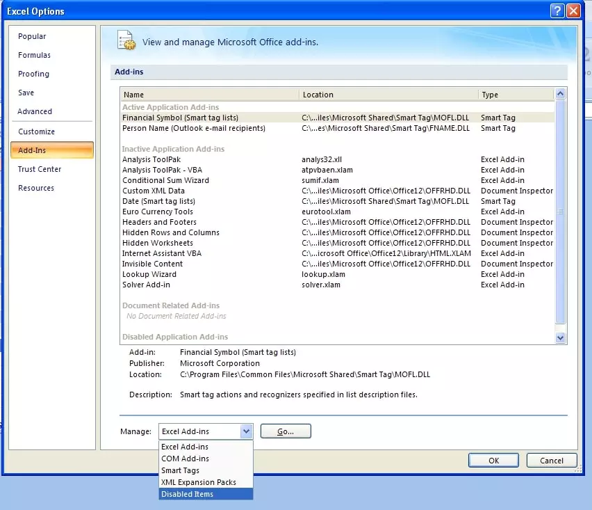 lista de elementos deshabilitados en office