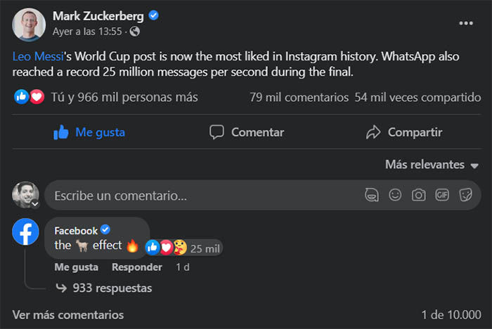 Mark Zuckerberg publicacion de Messi en Facebook