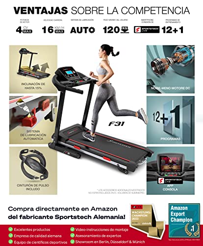 Sportstech F31 Cinta de Correr Plegable Profesional - Marca alemana - Eventos de video, APLICACIÓN Multiplicadora, 4PS 16 Km/h y 12 Programas + Soporte Para Tableta, Soporte Para Botellas | 120 Kg máx