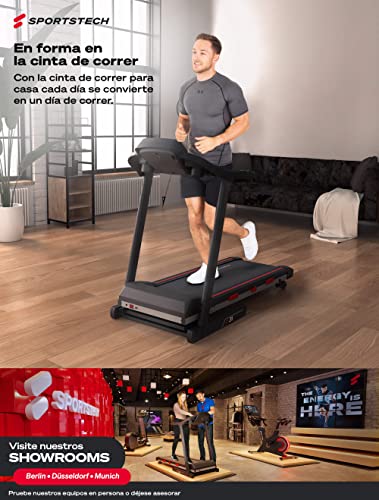 Sportstech F31 Cinta de Correr Plegable Profesional - Marca alemana - Eventos de video, APLICACIÓN Multiplicadora, 4PS 16 Km/h y 12 Programas + Soporte Para Tableta, Soporte Para Botellas | 120 Kg máx