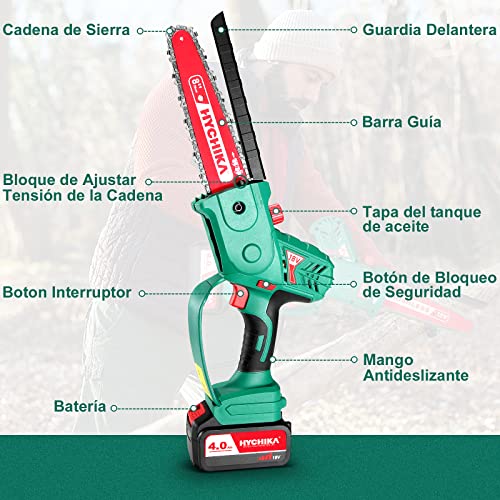 Mini Motosierra Batería Brushless 18V, HYCHIKA Motosierra de mano con Cadena de 200mm, 4.0Ah Batería, Motosierra Eléctrica Portátil para Cortar Madera, Podar Ramas (Incluye 2 Cadena y Lubricante)