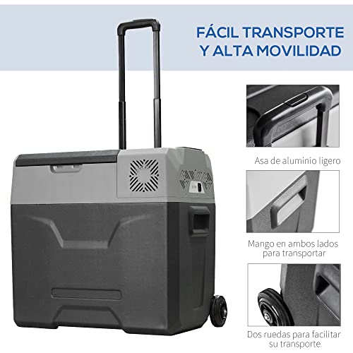 HOMCOM 50L Nevera Portátil Compresor Mini Refrigerador de Coche con Pantalla Táctil Ruedas y Asa 12/24V CC o 110V-240V CA para Hogar 58,6x37,8x54,5 cm Gris