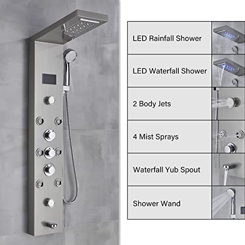 fyheast Columna de ducha hidromasaje, columna de ducha de acero inoxidable, con 8 chorros de masaje con pantalla LCD de la temperatura, sistema de ducha de pared, cepillado