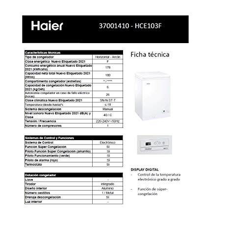 Haier HCE103F- Arcon Congelador Horizontal, Capacidad 100L, Ancho 57cm, Display digital, Interior de aluminio, Tirador integrado, 1 cesto metálico, Función Super Congelación, Clase F, Blanco