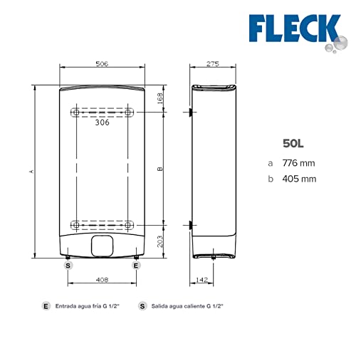 Fleck Duo 5, termo eléctrico 50 litro, Calentador de agua horizontal o vertical, Garantia total 3 años, medidas: 50,6 x 27,5 x 77,6 cm, color blanco, Frabricado para ser instalado en España