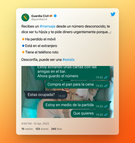 Tweet de la Guardia Civil sobre la estafa del hijo