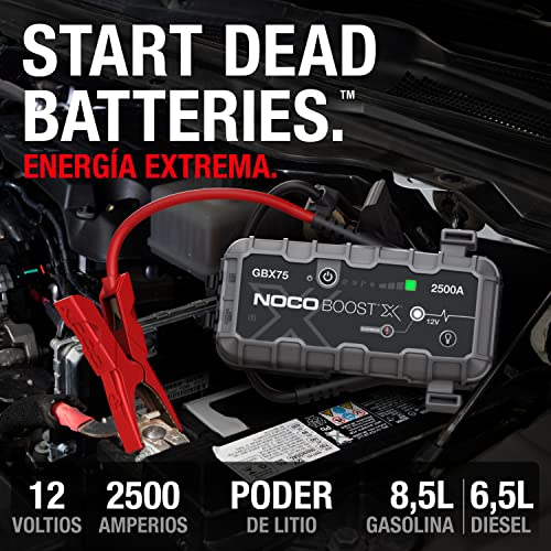NOCO Boost X GBX75, 2500A 12V UltraSafe Arrancador de Litio, Bateria Booster Profesional, Cargador Powerbank y Cables de Arranque de Coche por Gasolina de hasta 8.5 litros y Diésel de 6.5 litros