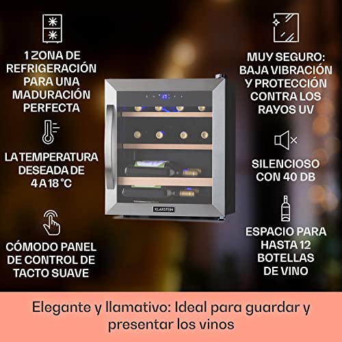 Klarstein Vinoteca 12 Botellas, Nevera Vinos, Una Zona de Refrigeración, Nevera Expositora Vino y Cerveza, Vinoteca Interior y Exterior con Puerta de Cristal, Nevera Vino con Protección UV, 4-18°C