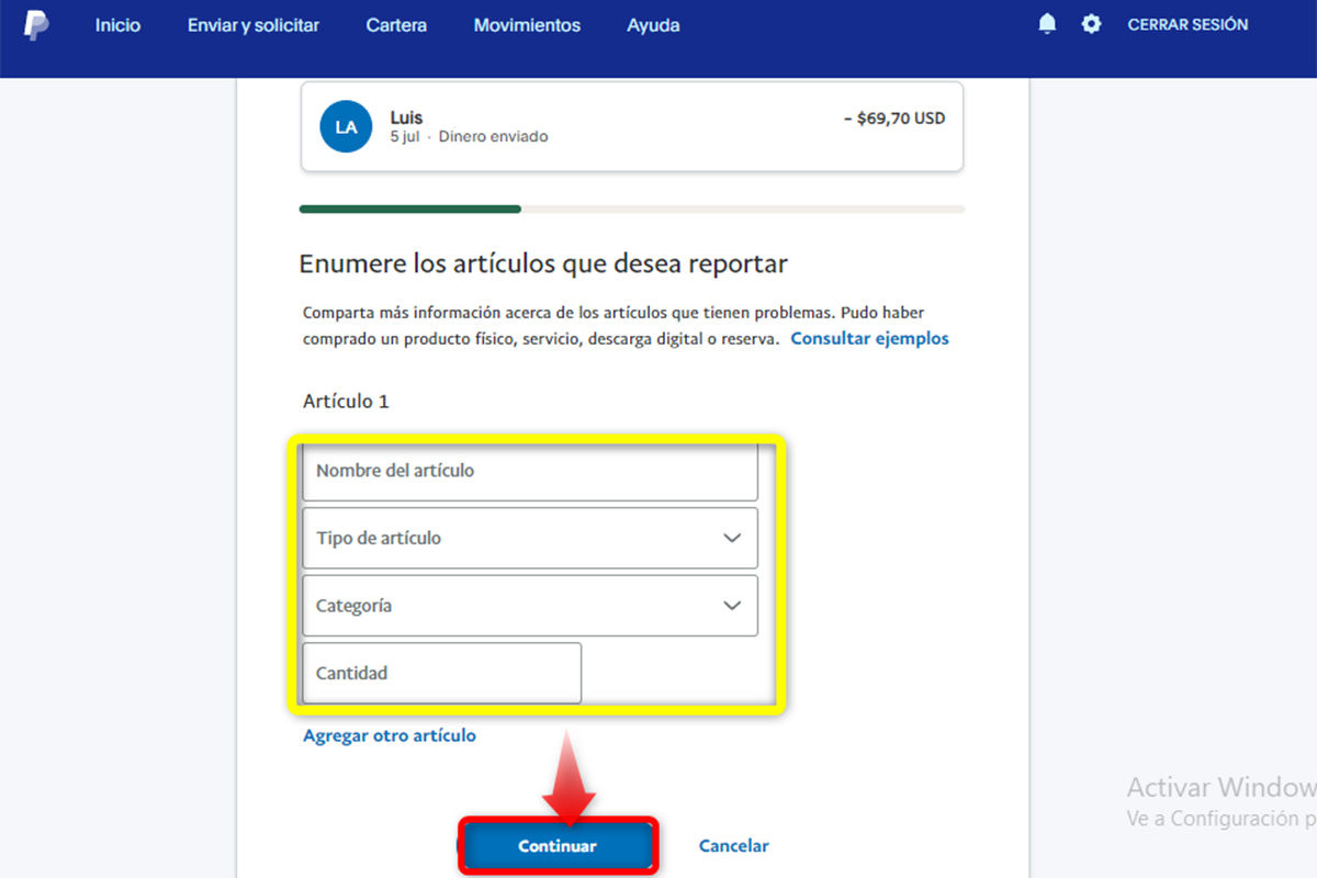 Enumera los artículos que deseas reportar en PayPal