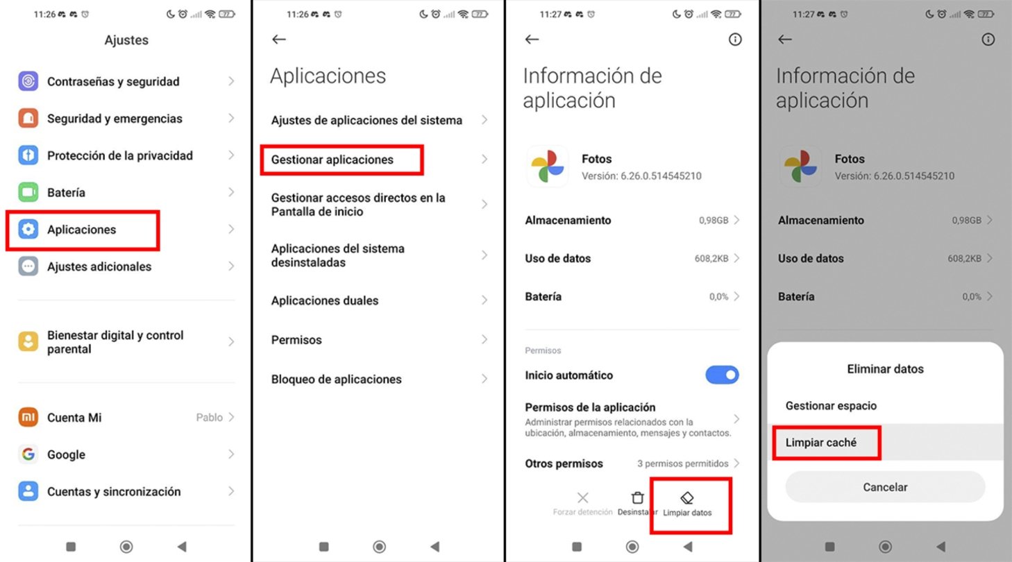 Capturas de pantalla que muestran cómo eliminar la memoria caché de Google Fotos