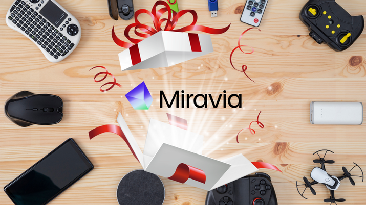 Logo Miravia con gadgets alrededor