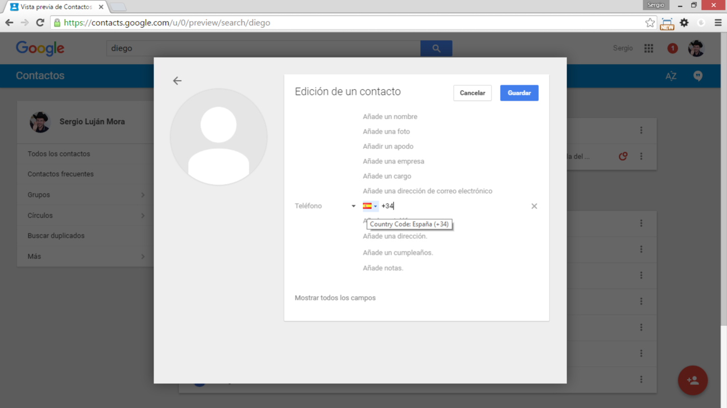 Todos los campos que podemos añadir a Contactos de Google.