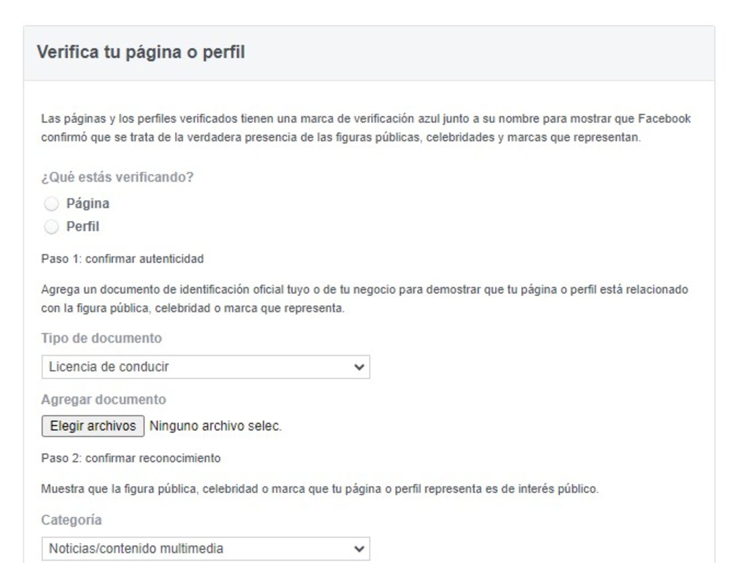 Formulario para solicitar la verificación de tu perfil de Facebook.