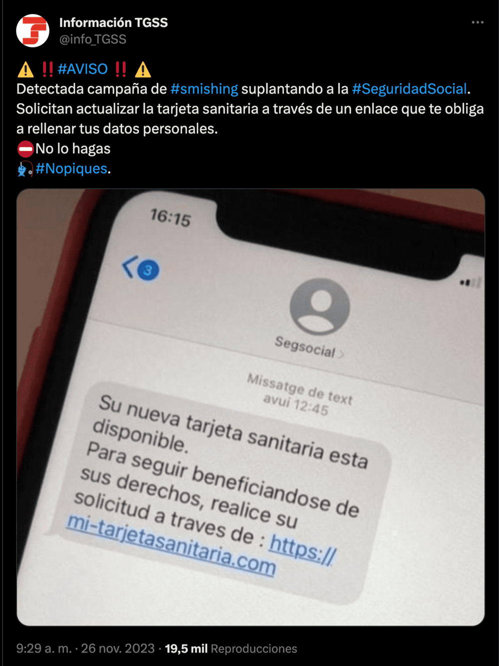 captura de un sms con la estafa de la SS