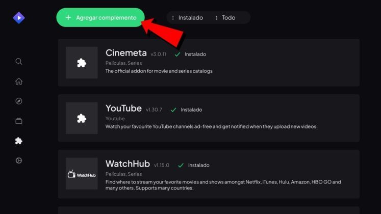 Pulsa en el boton agregar un complemento add addon