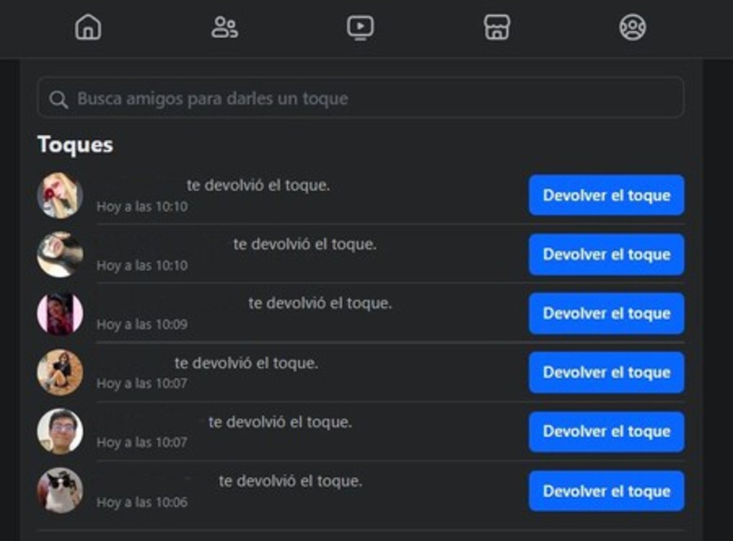 Lista de personas que te han dado un toque