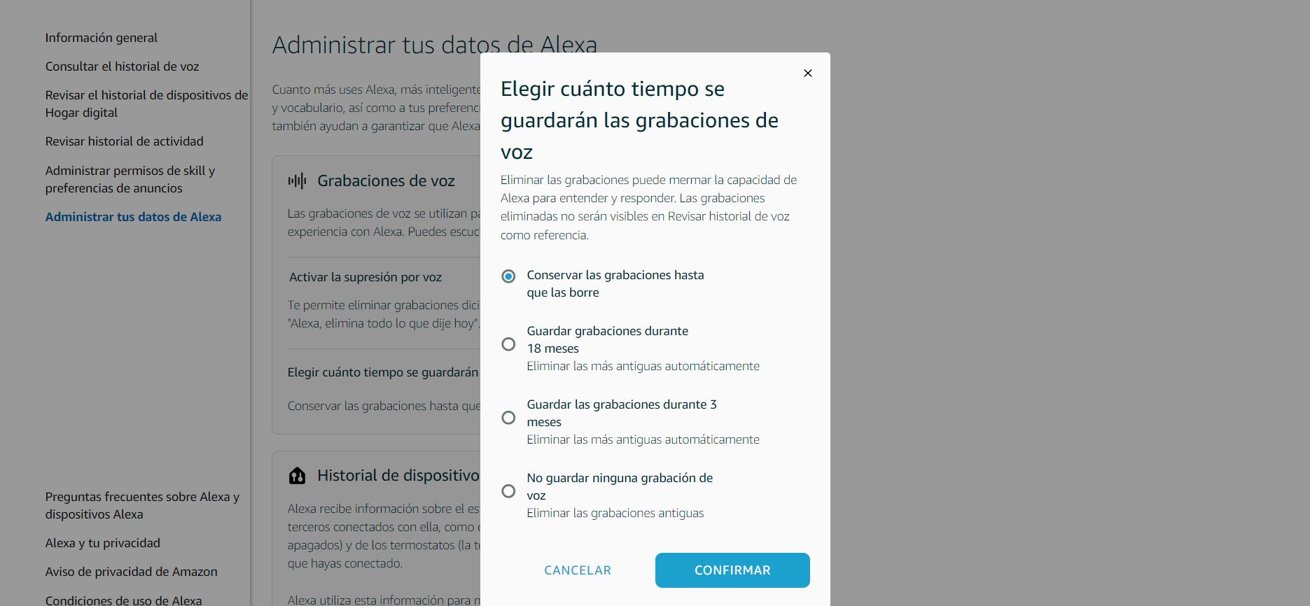 Grabaciones de voz Alexa