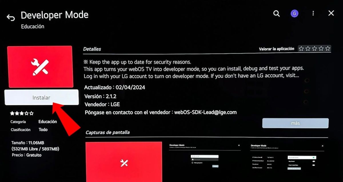 Instala la app Developer Mode desde la tienda de apps de la tele LG