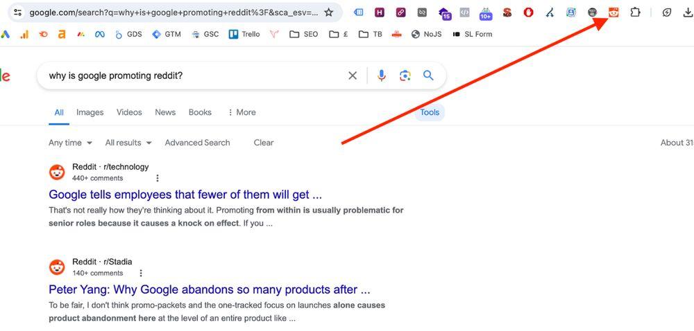 Extensión de Chrome Extension Exclude Reddit from SERPs