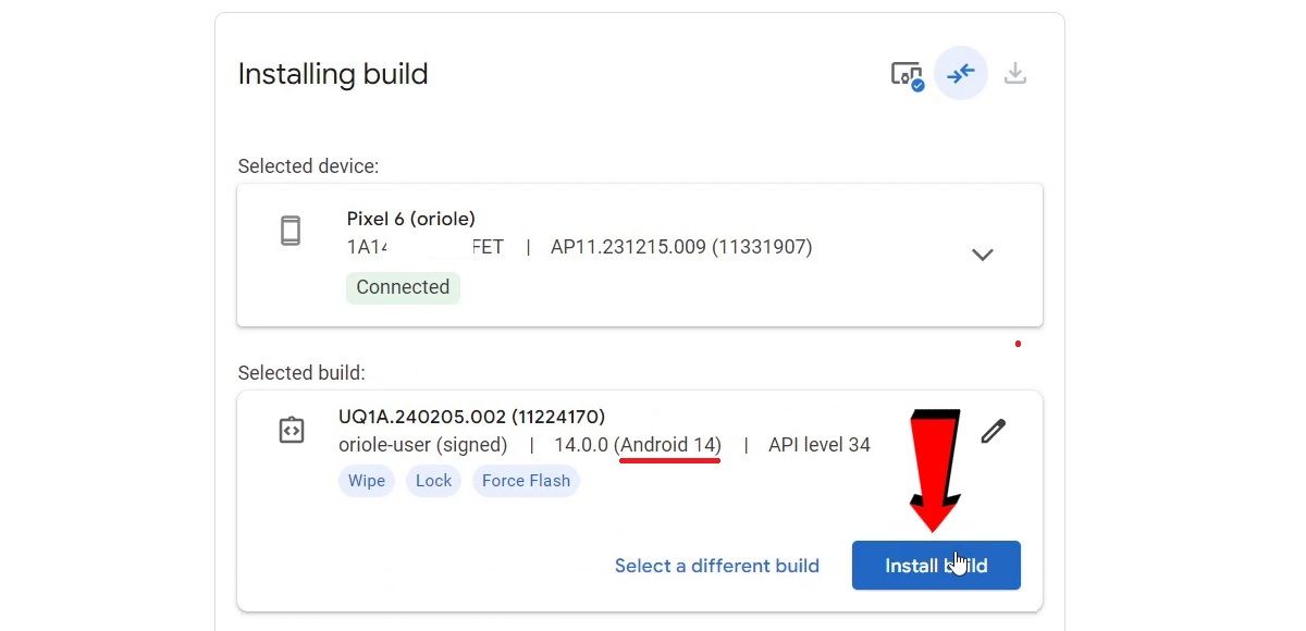Selecciona la build estable de Android 14 y presiona en Install build
