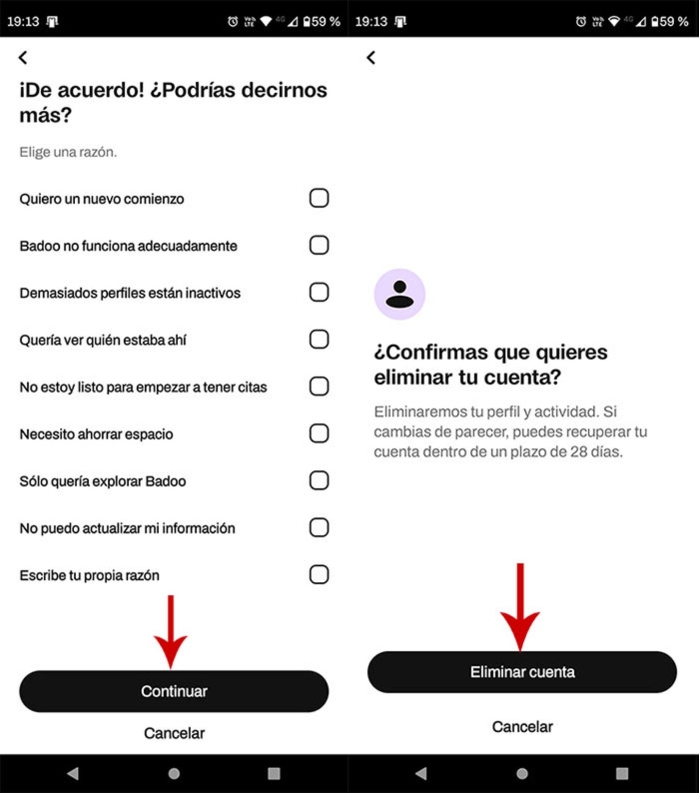 Seleccionar motivo de eliminación de la cuenta de Badoo