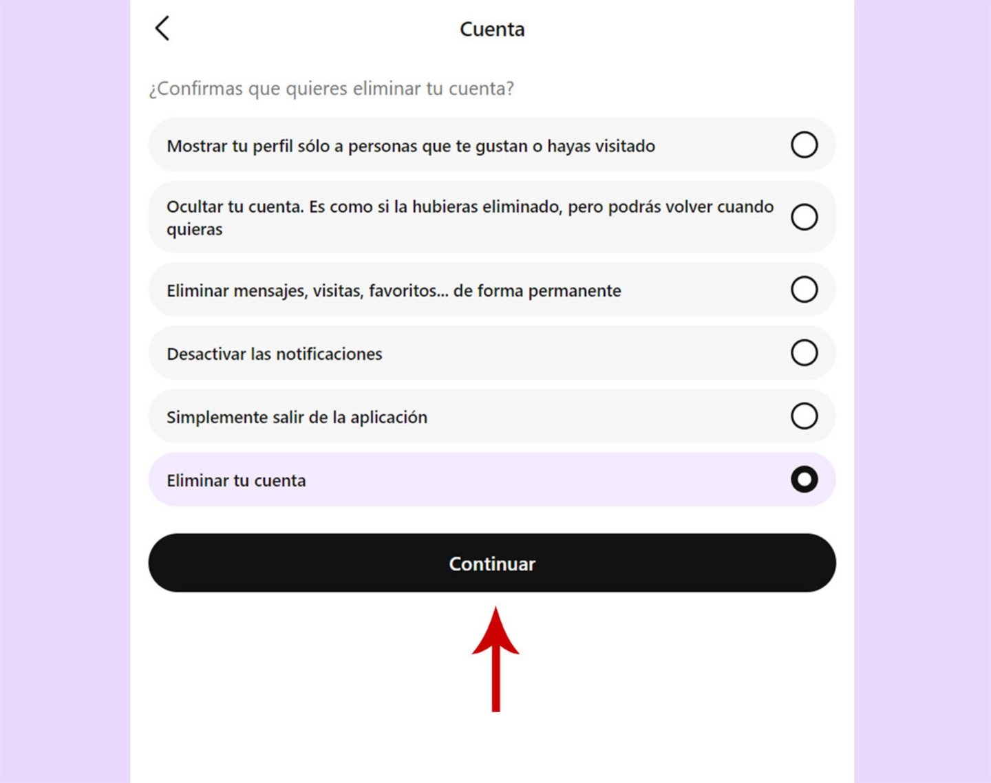 Seleccionar opción de eliminación de cuenta de Badoo en PC