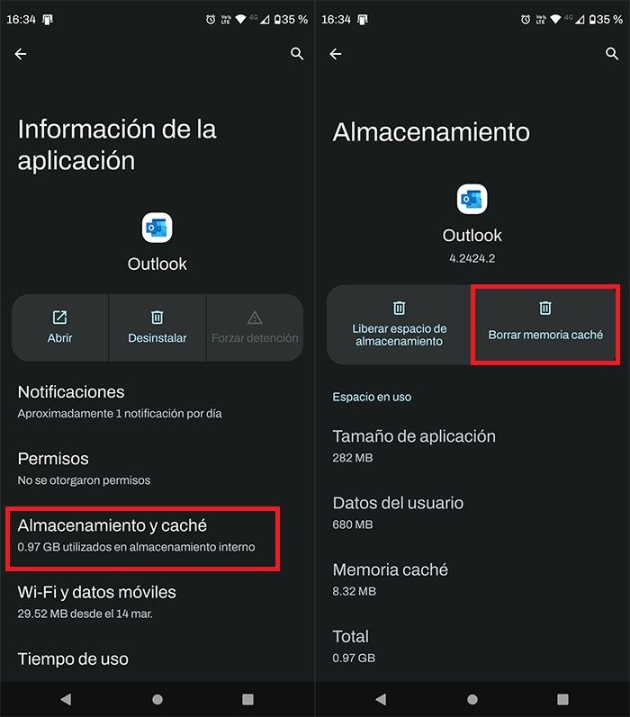 Borrar cache app Outlook Android