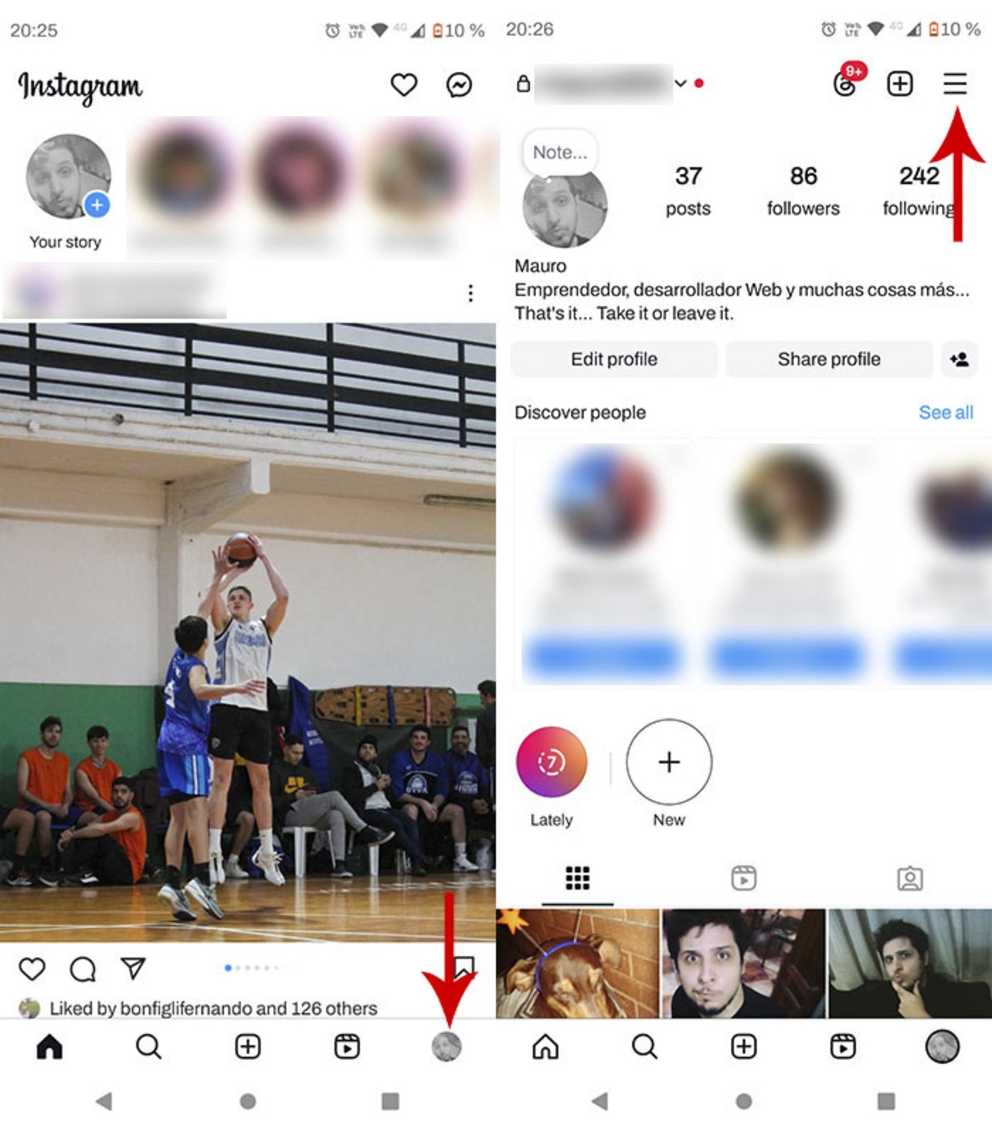 Acceder a las opciones de la app de Instagram