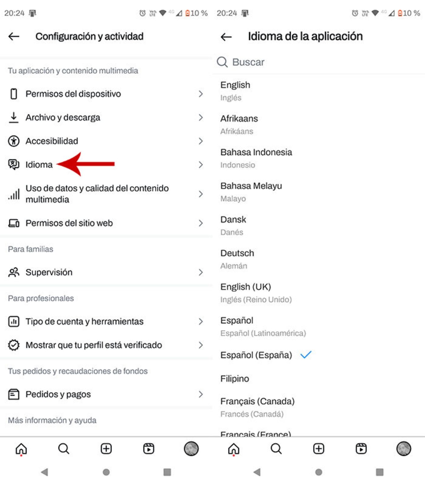 Cambiar idioma de Instagram en Android