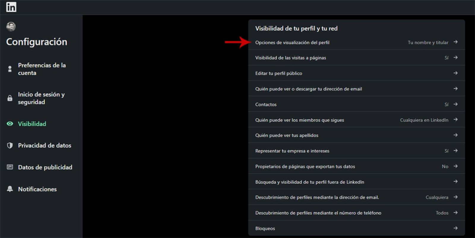 Opciones de visualización del perfil