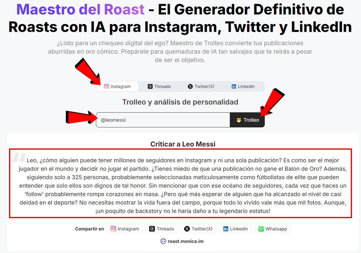 Maestro del Roast Monica una IA que critica perfiles de instagram Twitter y otras redes sociales