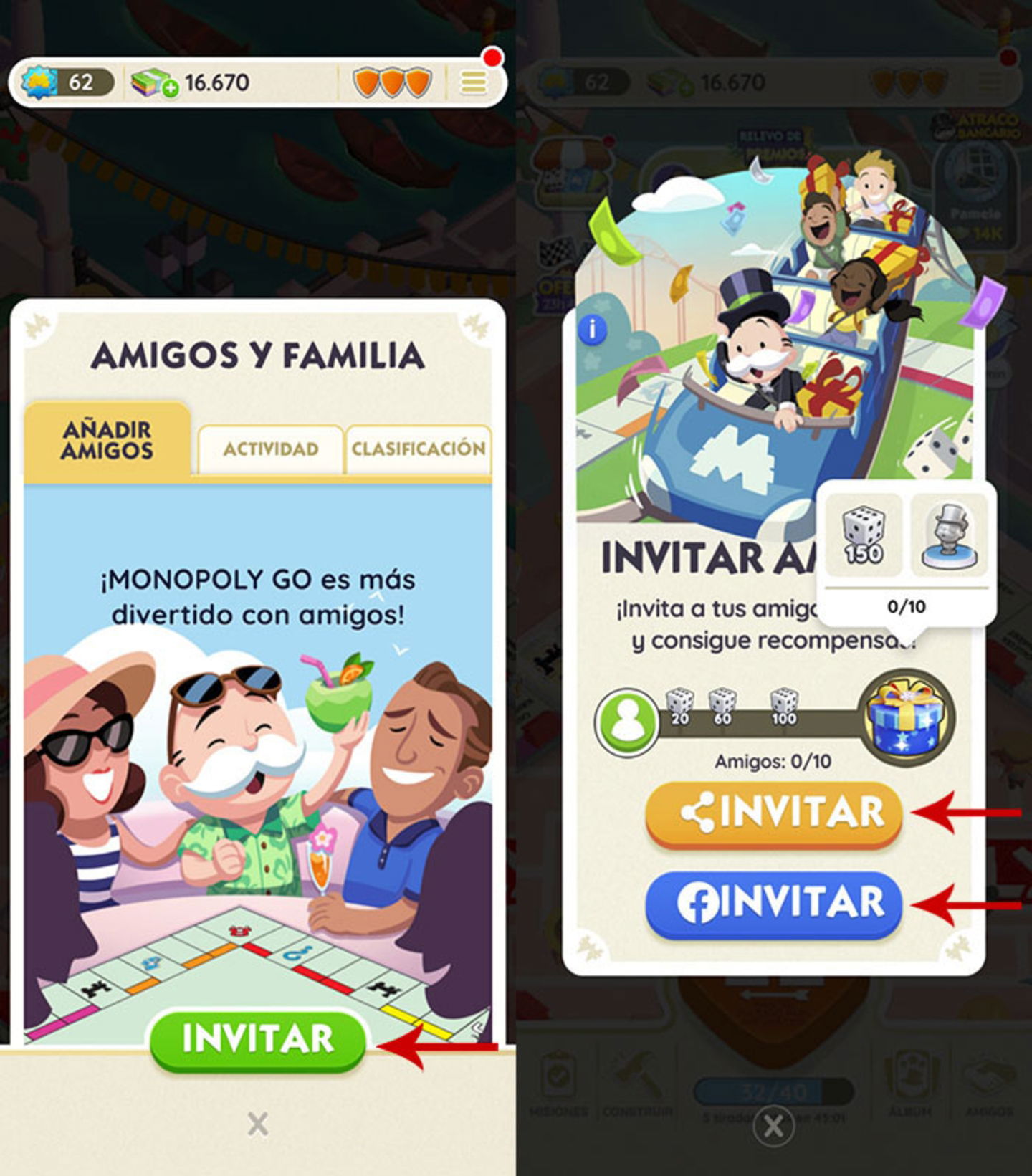 Invitar amigos por Facebook en Monopoly Go