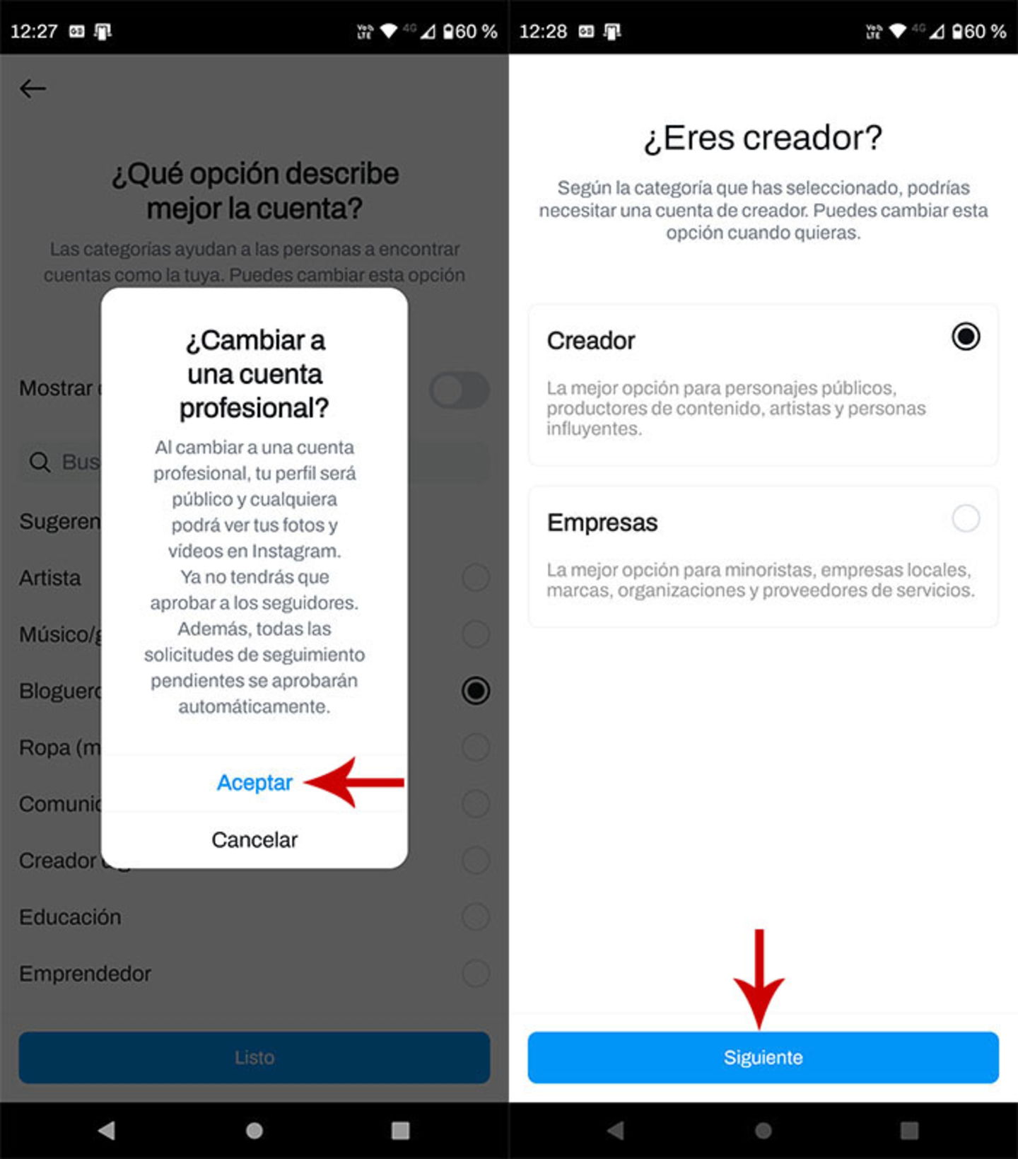 Poner cuenta como creador en Instagram