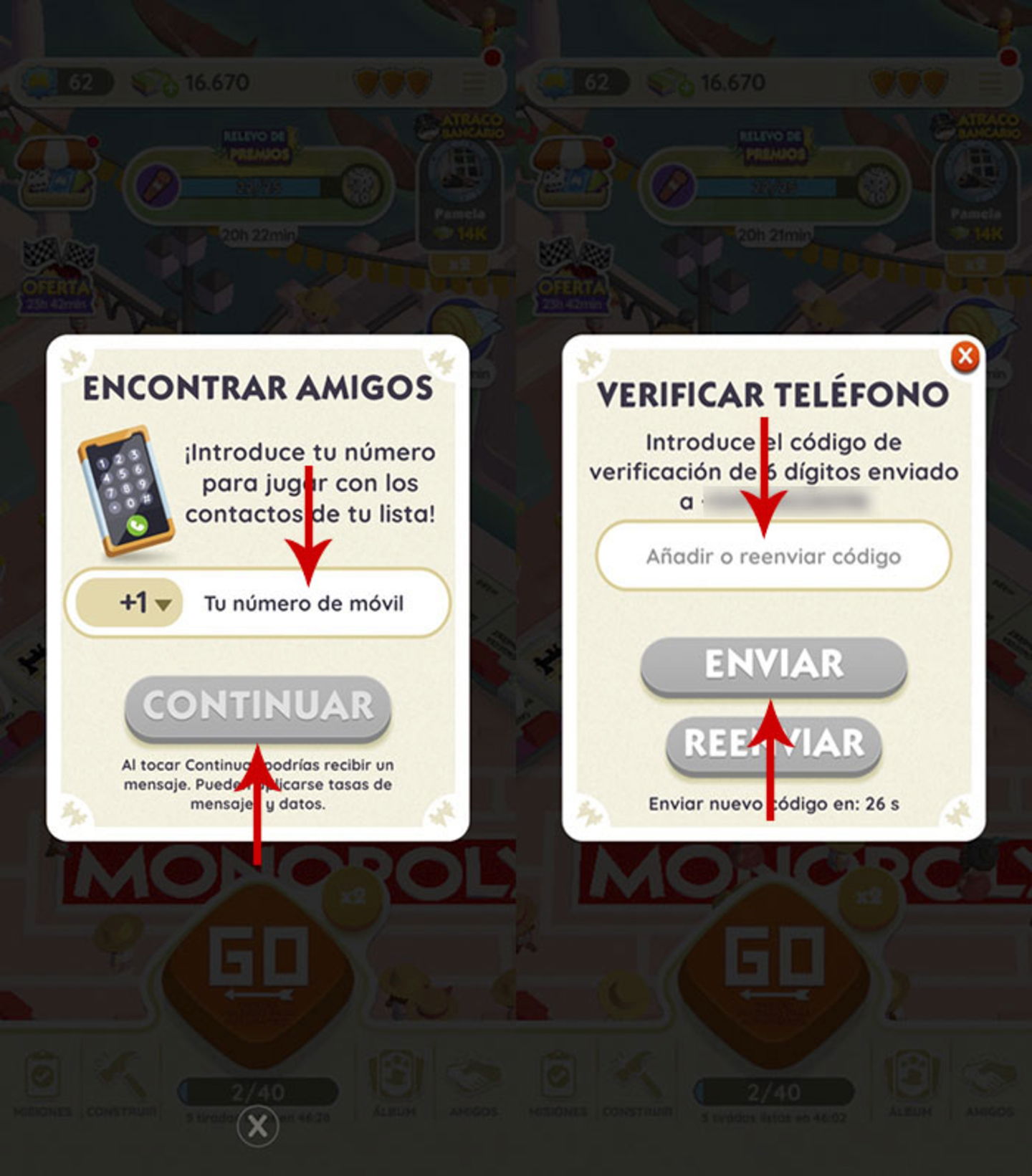 Registrar numero de telefono en Monopoly Go