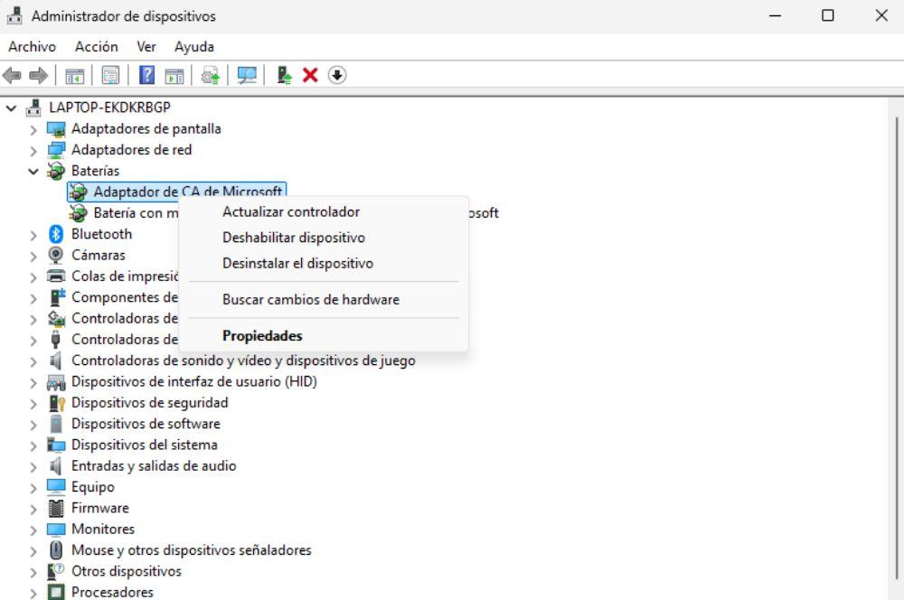 administrador dispositivos baterías windows