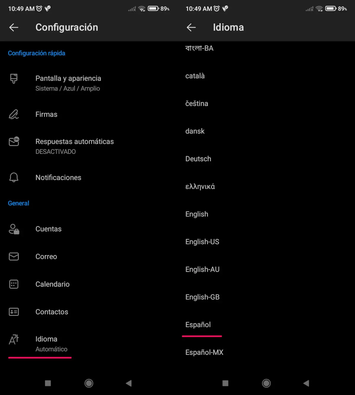 Cambiar el idioma de Outlook en Android - parte 2.