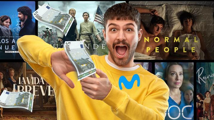 Un chico lanzando billetes de 5 euros con el logo de Movistar Plus+